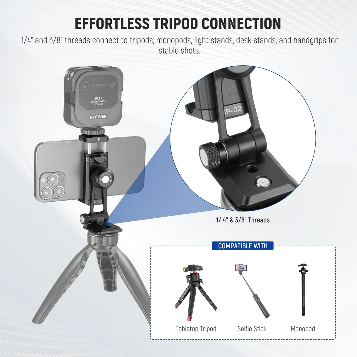 NEEWER SP-02 Phone Tripod Mount Adapter with Arca Type Plate 66-96mm | 360° Rotation, 180° Tilt, Aluminum, Black - view 6