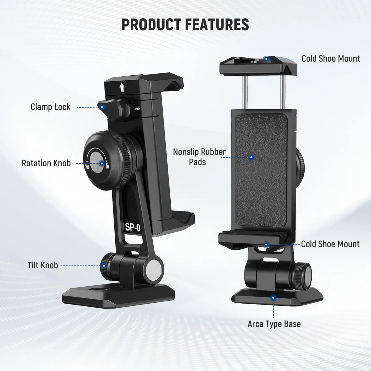 NEEWER SP-02 Phone Tripod Mount Adapter with Arca Type Plate 66-96mm | 360° Rotation, 180° Tilt, Aluminum, Black - view 7