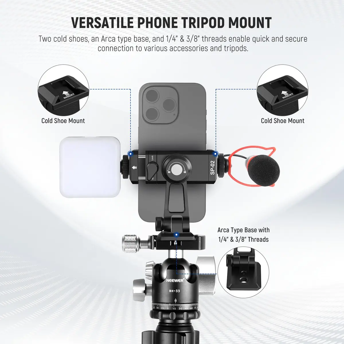 NEEWER SP-02 Phone Tripod Mount Adapter with Arca Type Plate 66-96mm | 360° Rotation, 180° Tilt, Aluminum, Black - view 2