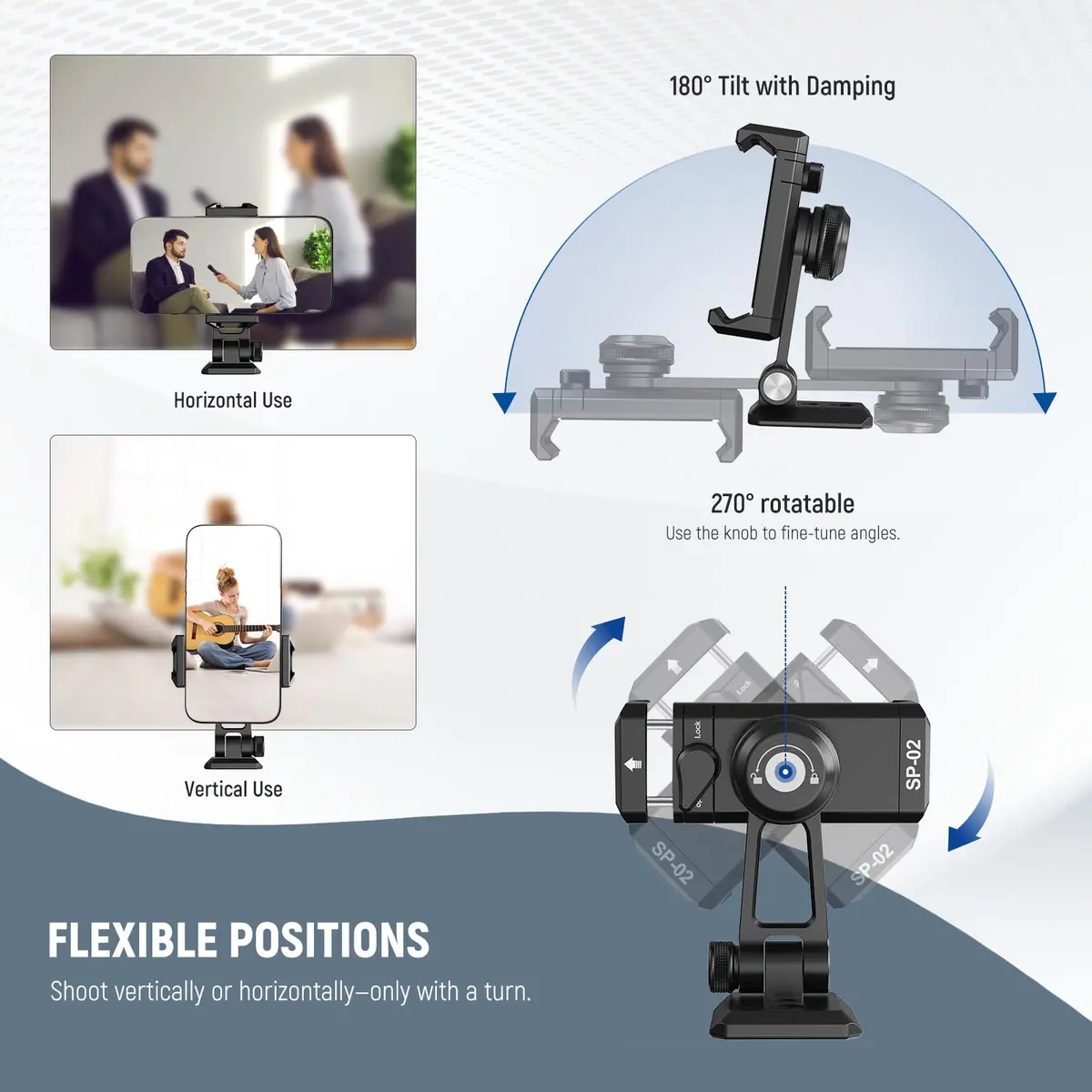 NEEWER SP-02 Phone Tripod Mount Adapter with Arca Type Plate 66-96mm | 360° Rotation, 180° Tilt, Aluminum, Black - view 4