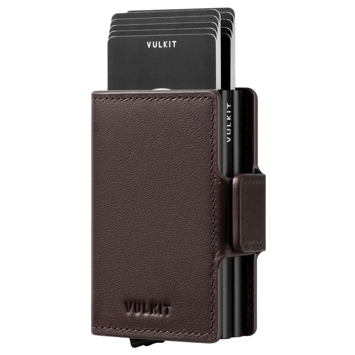 VULKIT Genuine Leather Nappa Espresso Automatic Pop Up Double Card Holder RFID Blocking Wallet - main product image