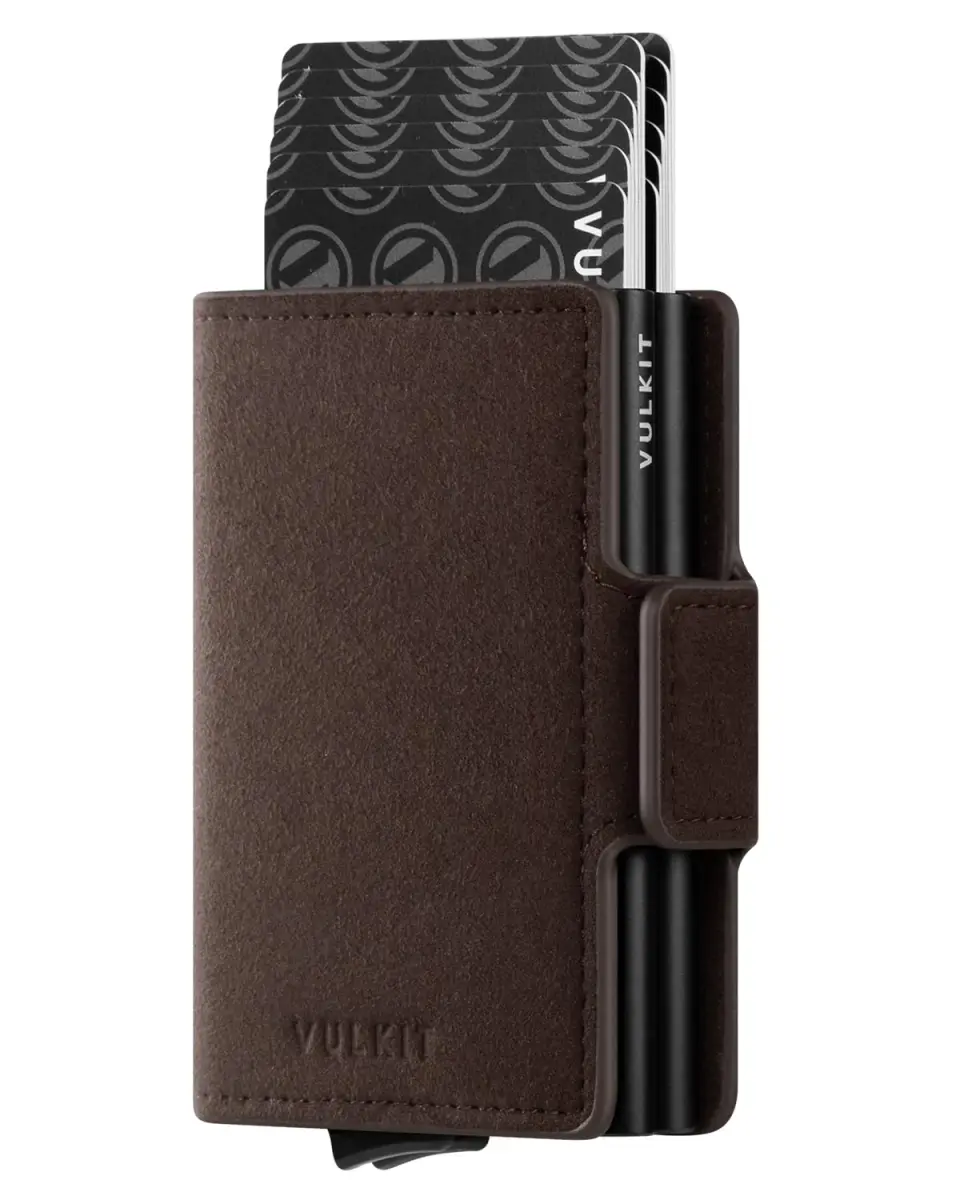 VULKIT Genuine Leather Nappa Brown Automatic Pop Up Double Card Holder RFID Blocking - main product image