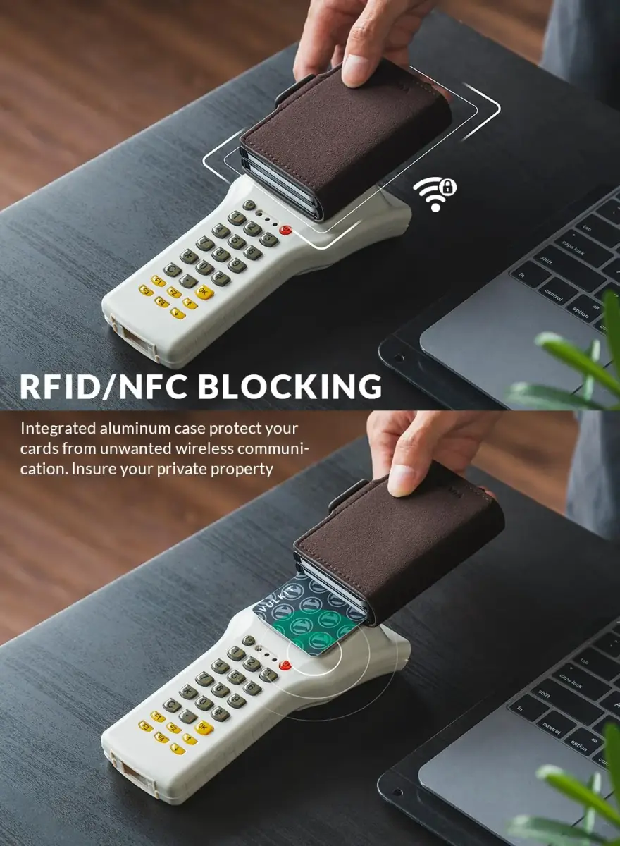 VULKIT Genuine Leather Nappa Brown Automatic Pop Up Double Card Holder RFID Blocking - view 3