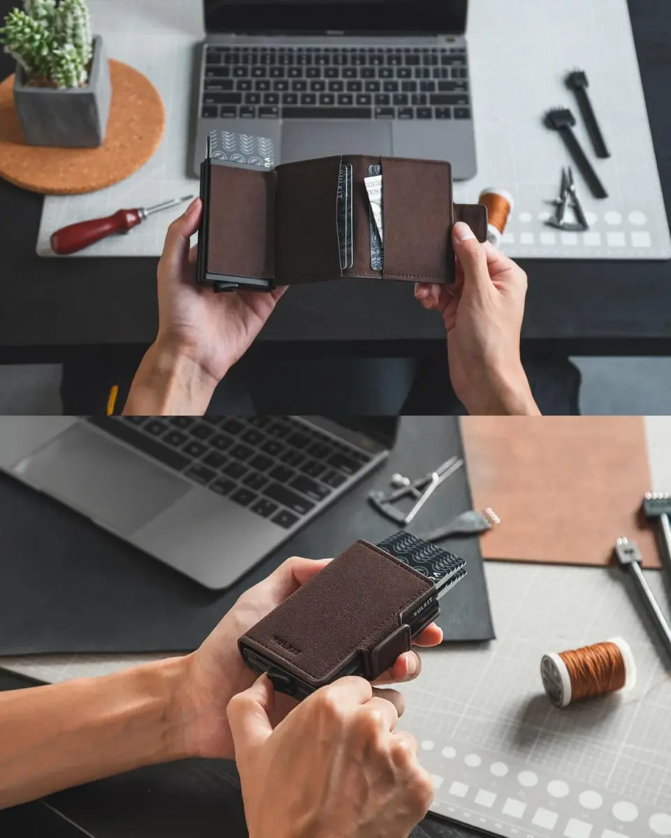 VULKIT Genuine Leather Nappa Brown Automatic Pop Up Double Card Holder RFID Blocking - view 4
