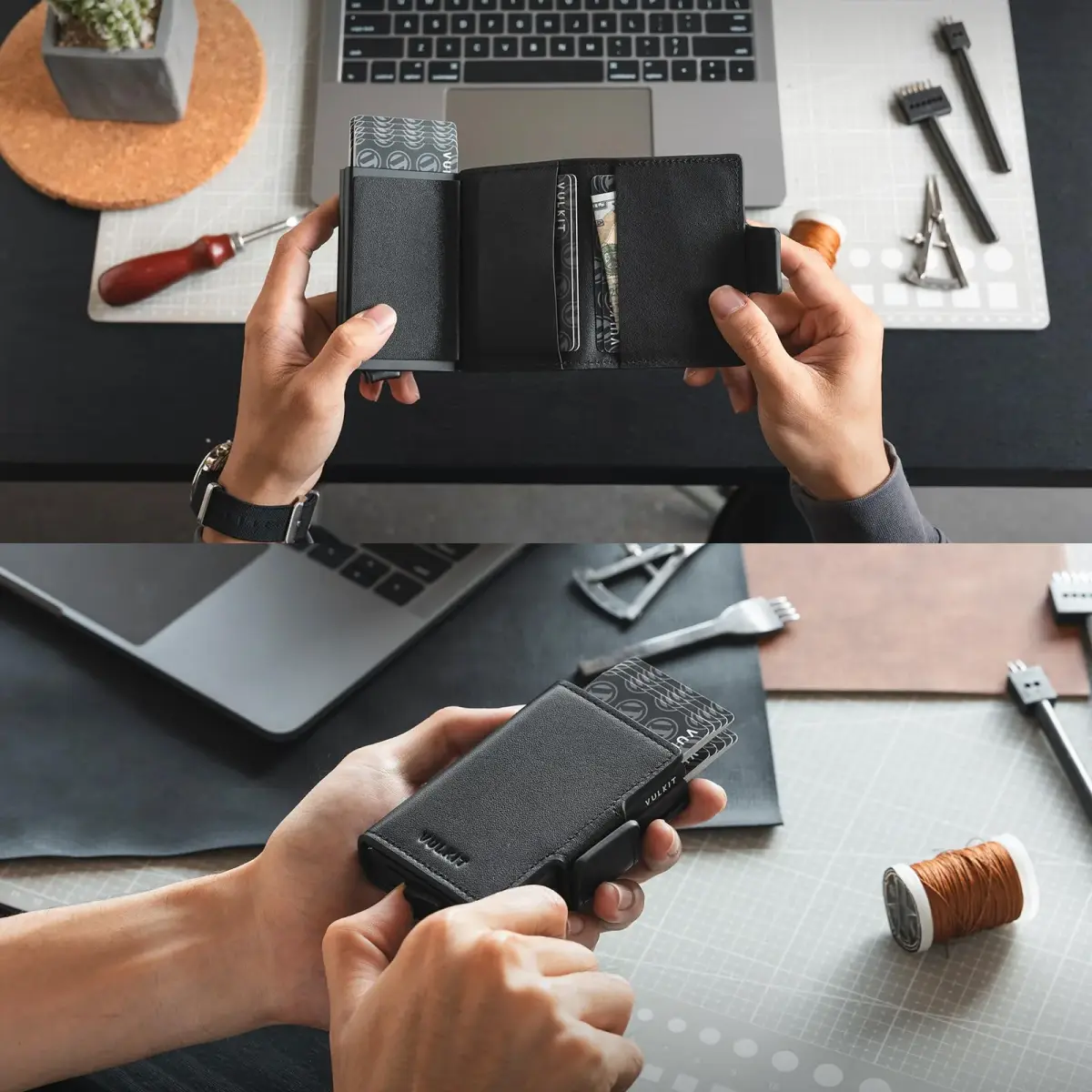 VULKIT Genuine Leather Nappa Black Automatic Pop Up Double Card Holder RFID Blocking Wallet - view 4
