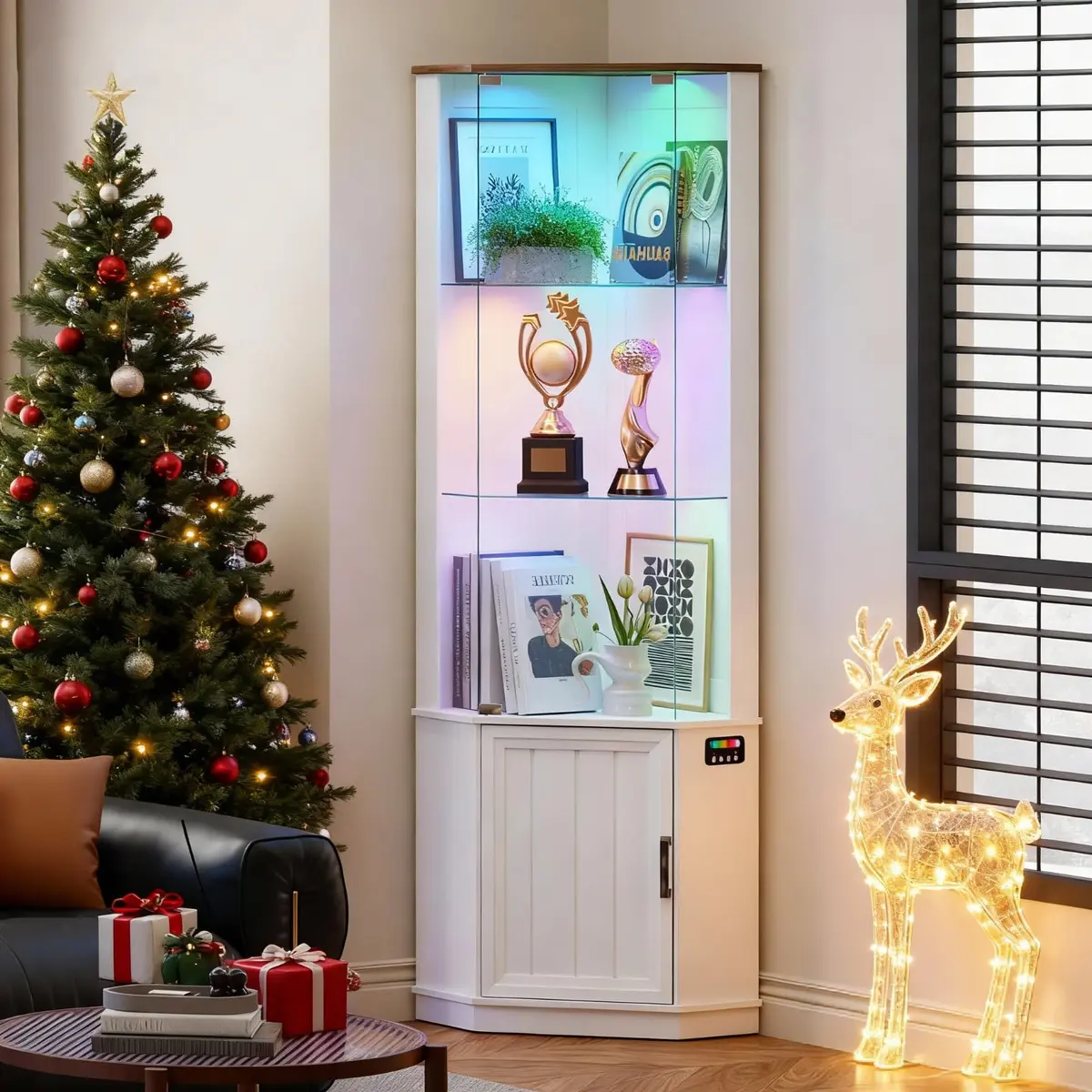 HNEBC 69"H Corner Display Cabinet with Glass Door & RGB Sensor Lights | Modern Engineered Wood, 25"W x 18"D x 69"H, White - main product image
