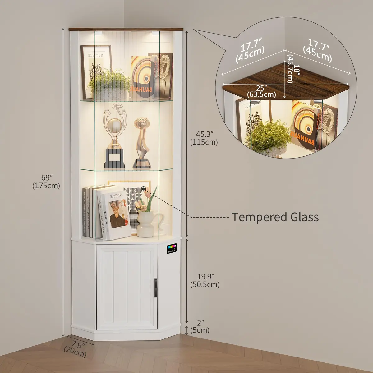 HNEBC 69"H Corner Display Cabinet with Glass Door & RGB Sensor Lights | Modern Engineered Wood, 25"W x 18"D x 69"H, White - view 6