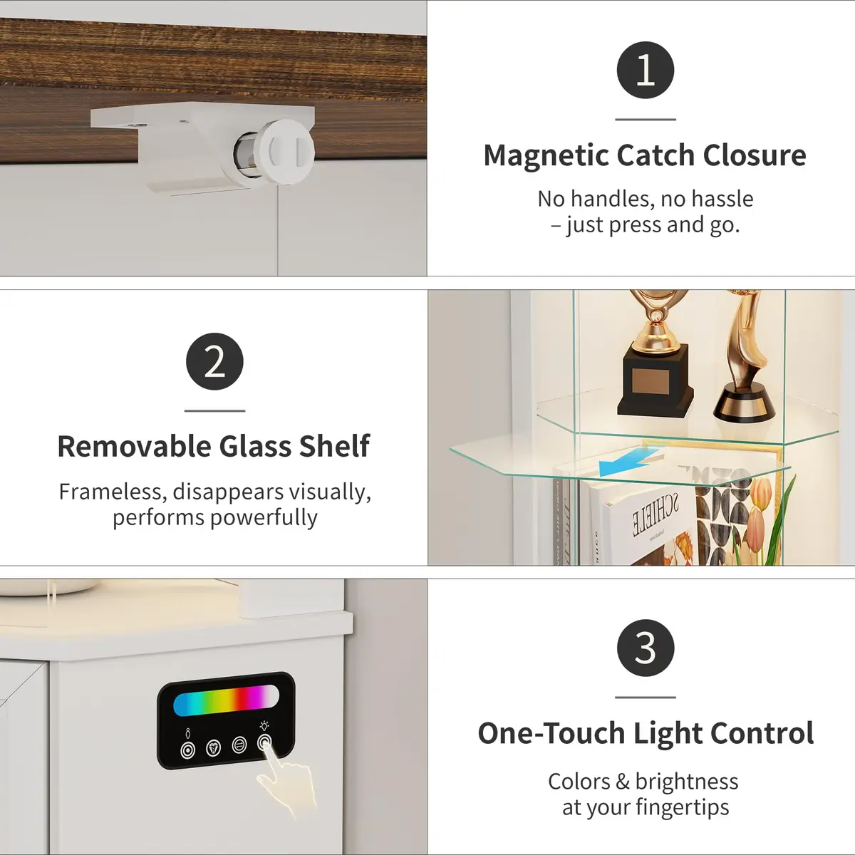 HNEBC 69"H Corner Display Cabinet with Glass Door & RGB Sensor Lights | Modern Engineered Wood, 25"W x 18"D x 69"H, White - view 8