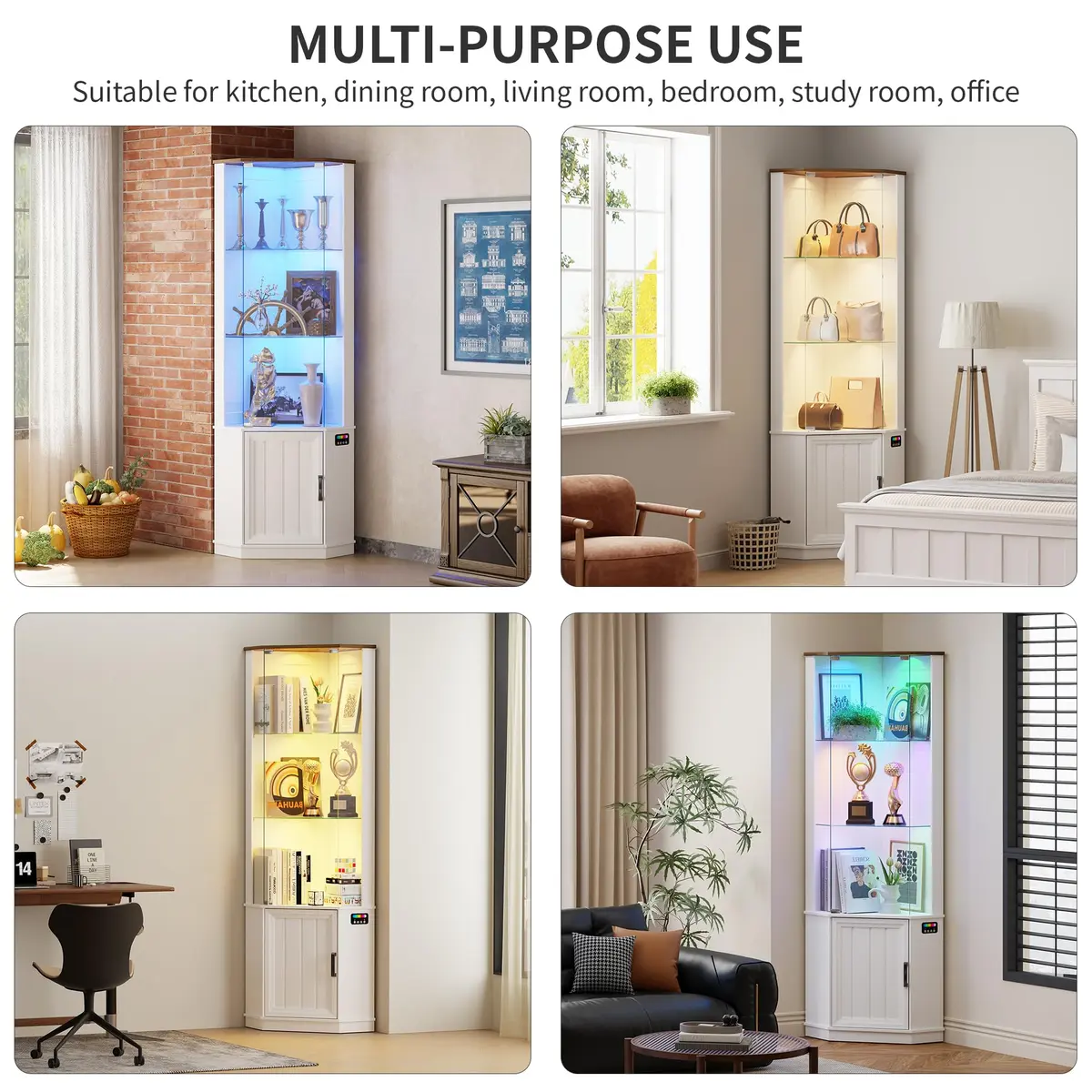 HNEBC 69"H Corner Display Cabinet with Glass Door & RGB Sensor Lights | Modern Engineered Wood, 25"W x 18"D x 69"H, White - view 9