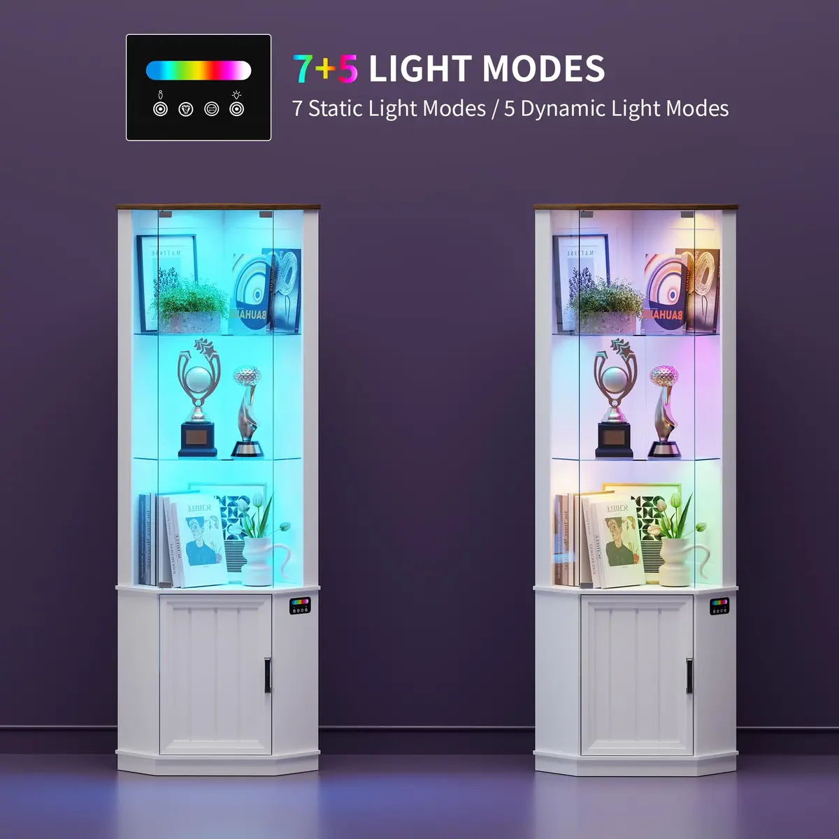 HNEBC 69"H Corner Display Cabinet with Glass Door & RGB Sensor Lights | Modern Engineered Wood, 25"W x 18"D x 69"H, White - view 2