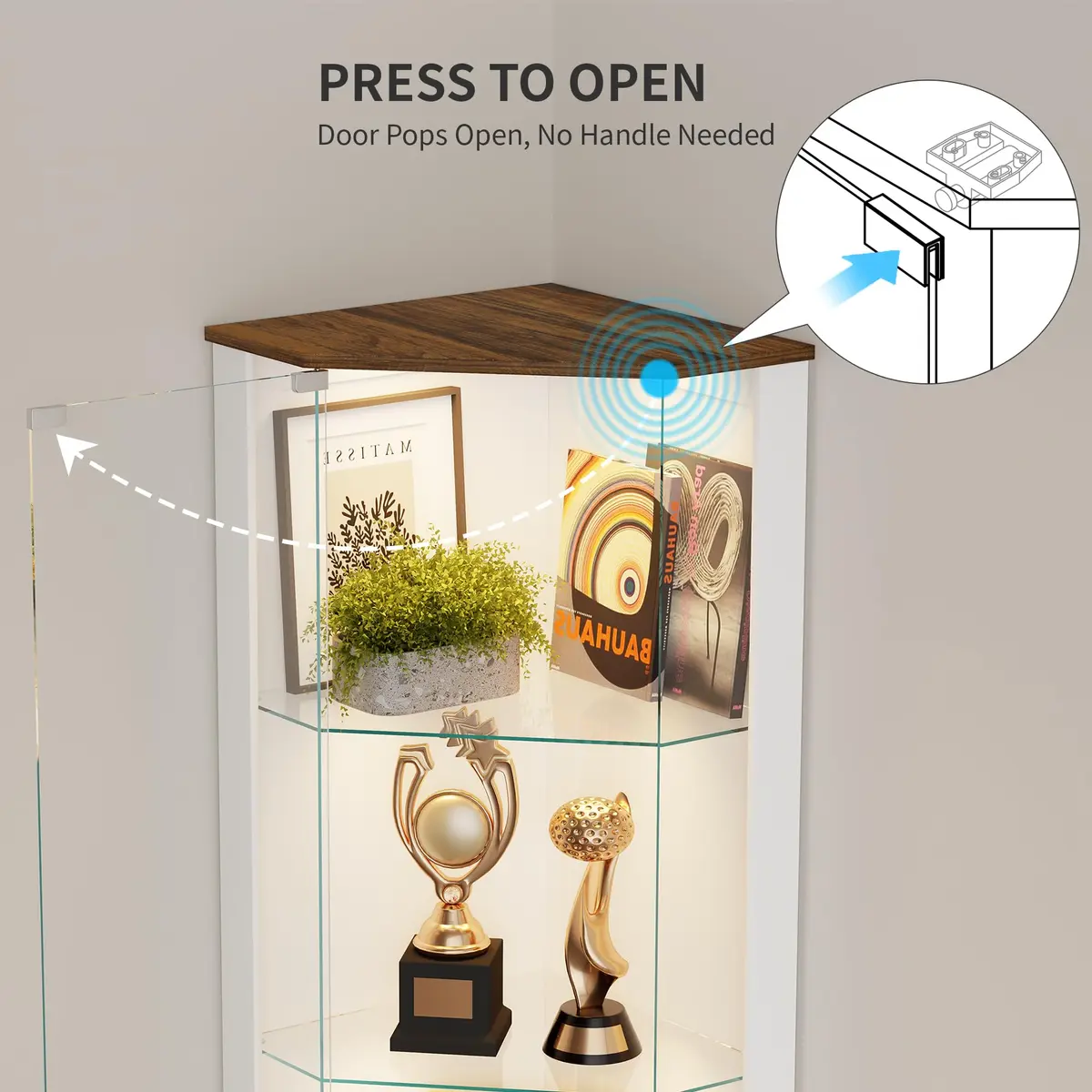 HNEBC 69"H Corner Display Cabinet with Glass Door & RGB Sensor Lights | Modern Engineered Wood, 25"W x 18"D x 69"H, White - view 4