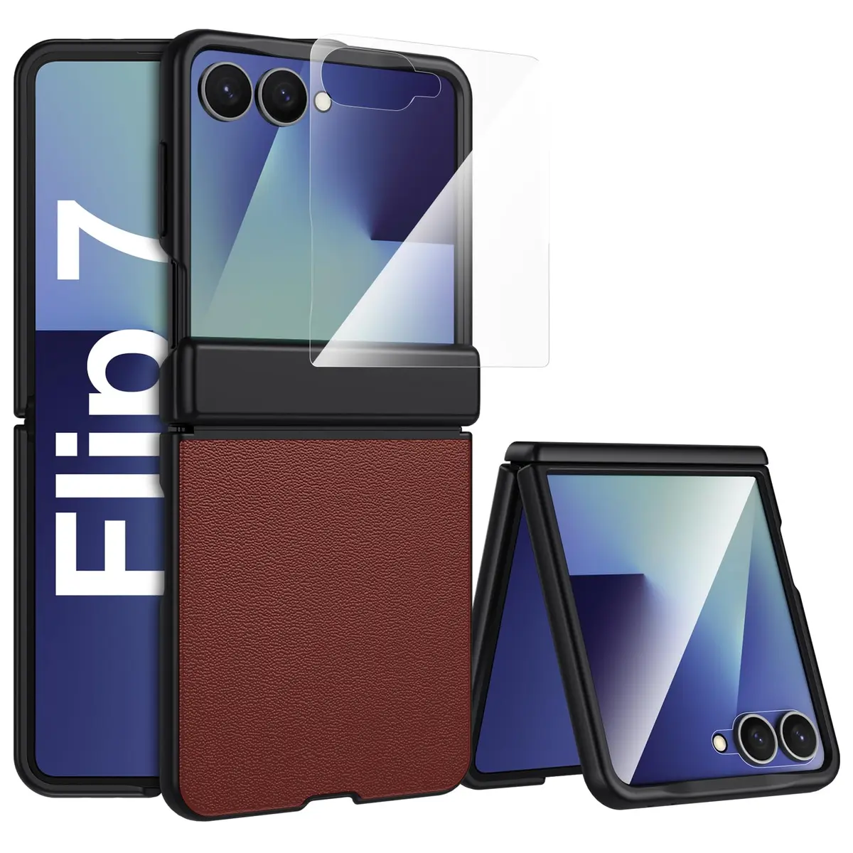 Spoovcto Leather Case for Samsung Galaxy Z Flip 7 | TPU Shockproof | Magnetic Hinge Protection | Brown (1 Case) - main product image