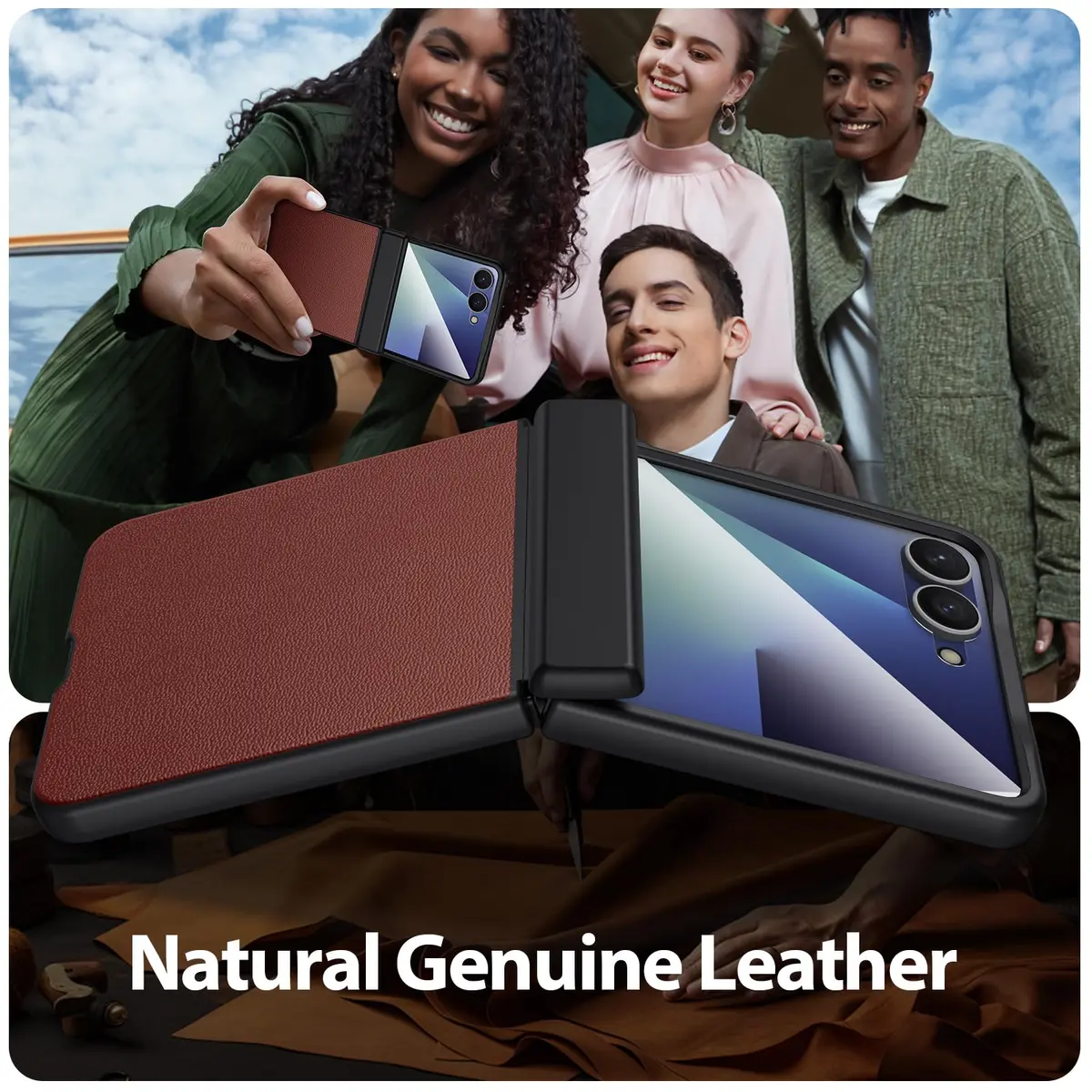 Spoovcto Leather Case for Samsung Galaxy Z Flip 7 | TPU Shockproof | Magnetic Hinge Protection | Brown (1 Case) - view 2