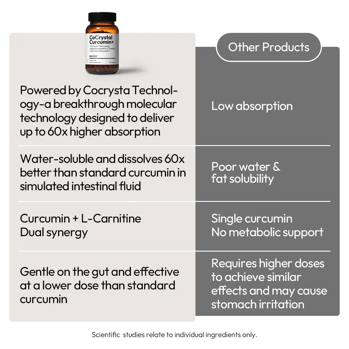 BIGVITA CoCrystal Curcumin+ 60 Capsules | 60x Absorption with Curcumin & L-Carnitine | Dietary Supplement for Daily Wellness | Made in USA - view 6