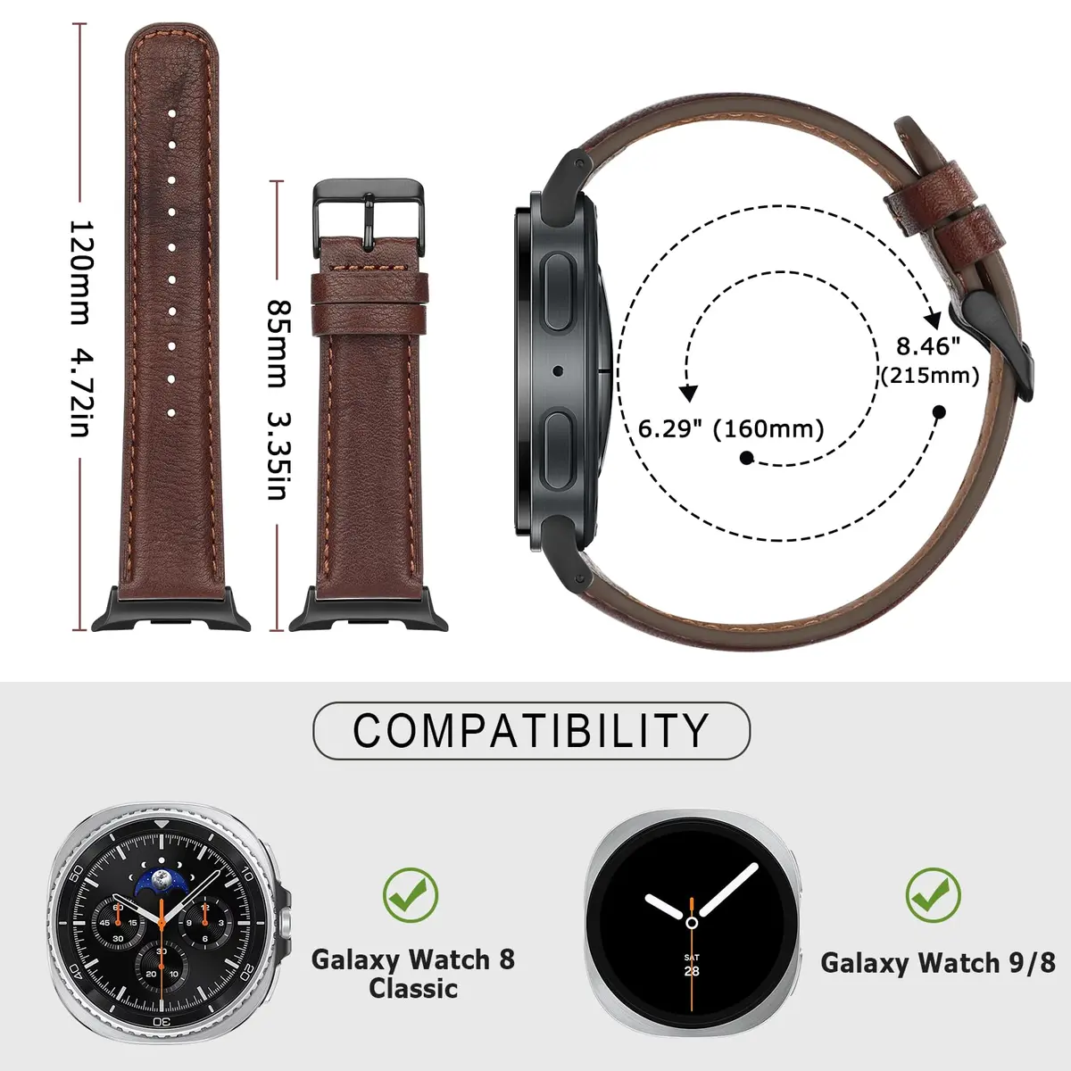 Tasikar Leather Watch Band Compatible with Samsung Galaxy Watch 9 8 40mm 44mm/8 Classic 46mm | Genuine Leather Strap, Dark Brown - view 5