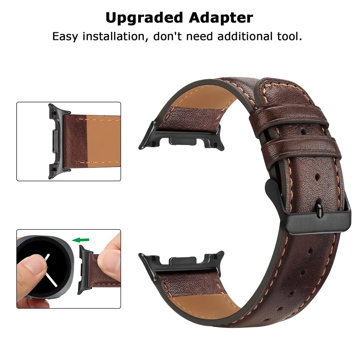 Tasikar Leather Watch Band Compatible with Samsung Galaxy Watch 9 8 40mm 44mm/8 Classic 46mm | Genuine Leather Strap, Dark Brown - view 4