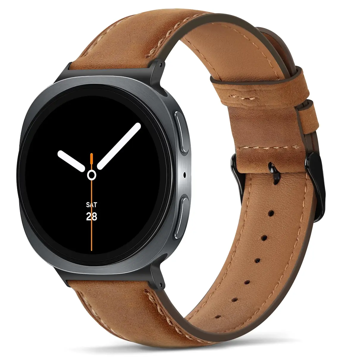 Tasikar Leather Band Compatible with Samsung Galaxy Watch 9 8 40mm 44mm/8 Classic 46mm, Brown | Genuine Leather Strap with Black Stainless Steel Clasp - main product image