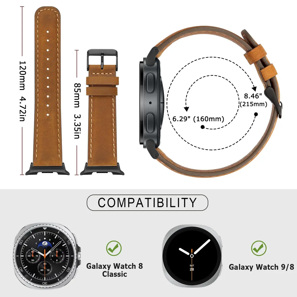 Tasikar Leather Band Compatible with Samsung Galaxy Watch 9 8 40mm 44mm/8 Classic 46mm, Brown | Genuine Leather Strap with Black Stainless Steel Clasp - view 5