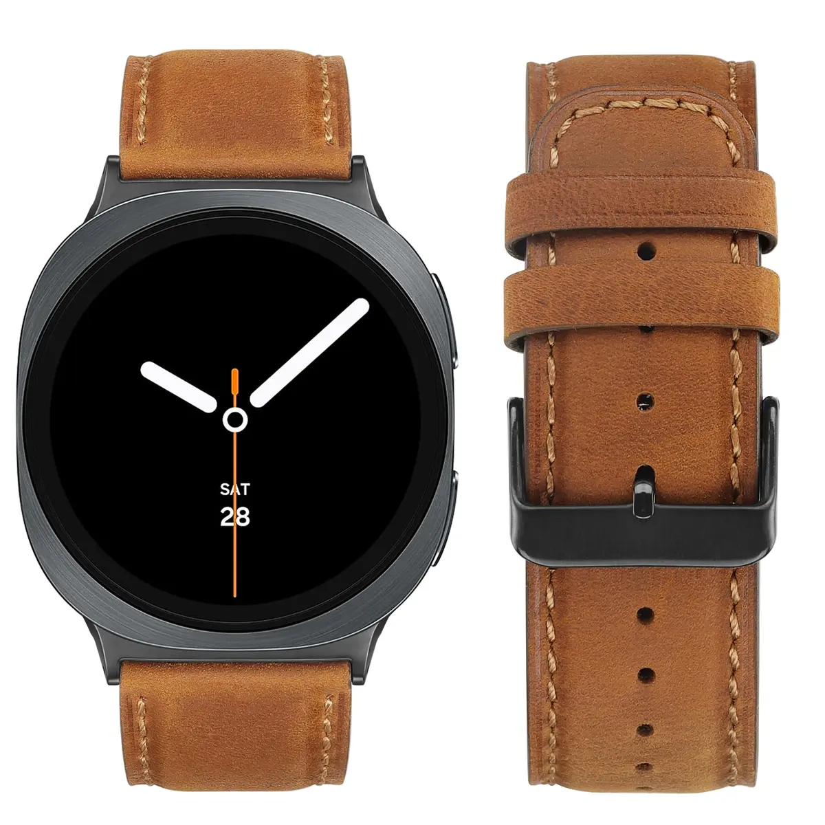 Tasikar Leather Band Compatible with Samsung Galaxy Watch 9 8 40mm 44mm/8 Classic 46mm, Brown | Genuine Leather Strap with Black Stainless Steel Clasp - view 3