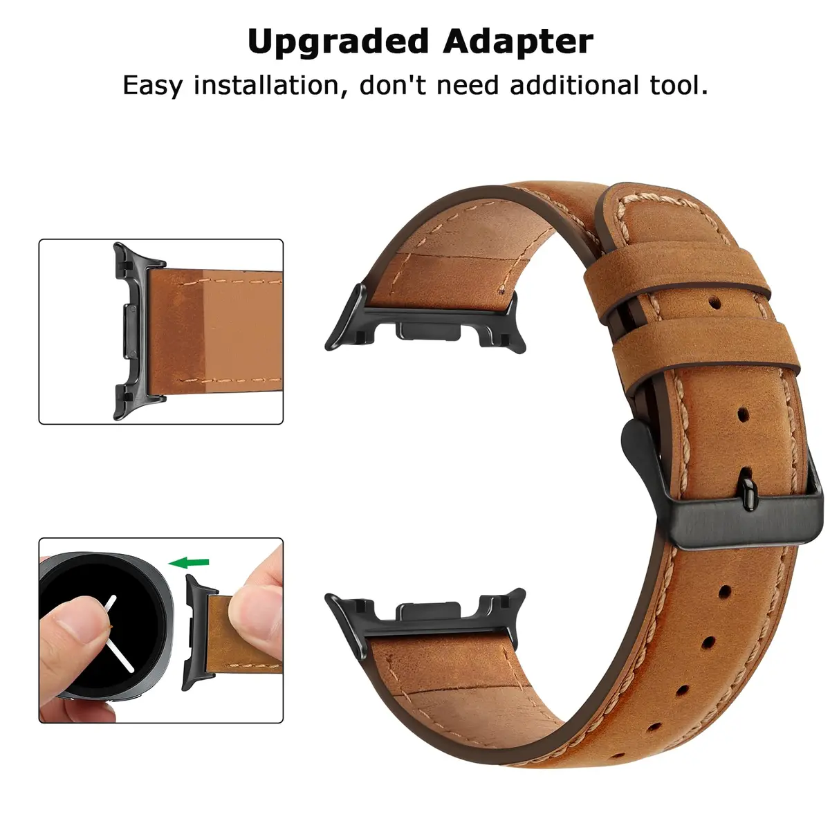 Tasikar Leather Band Compatible with Samsung Galaxy Watch 9 8 40mm 44mm/8 Classic 46mm, Brown | Genuine Leather Strap with Black Stainless Steel Clasp - view 4