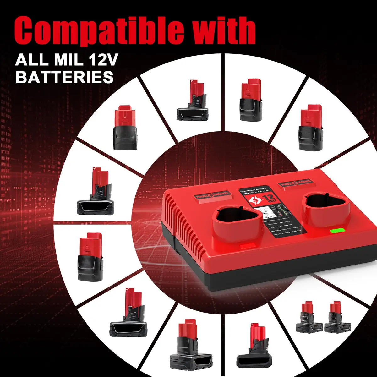 Ahomtikk Dual Port 12V Battery Charger 2A Output | Charges Two Mil-Waukee Batteries Simultaneously - view 6