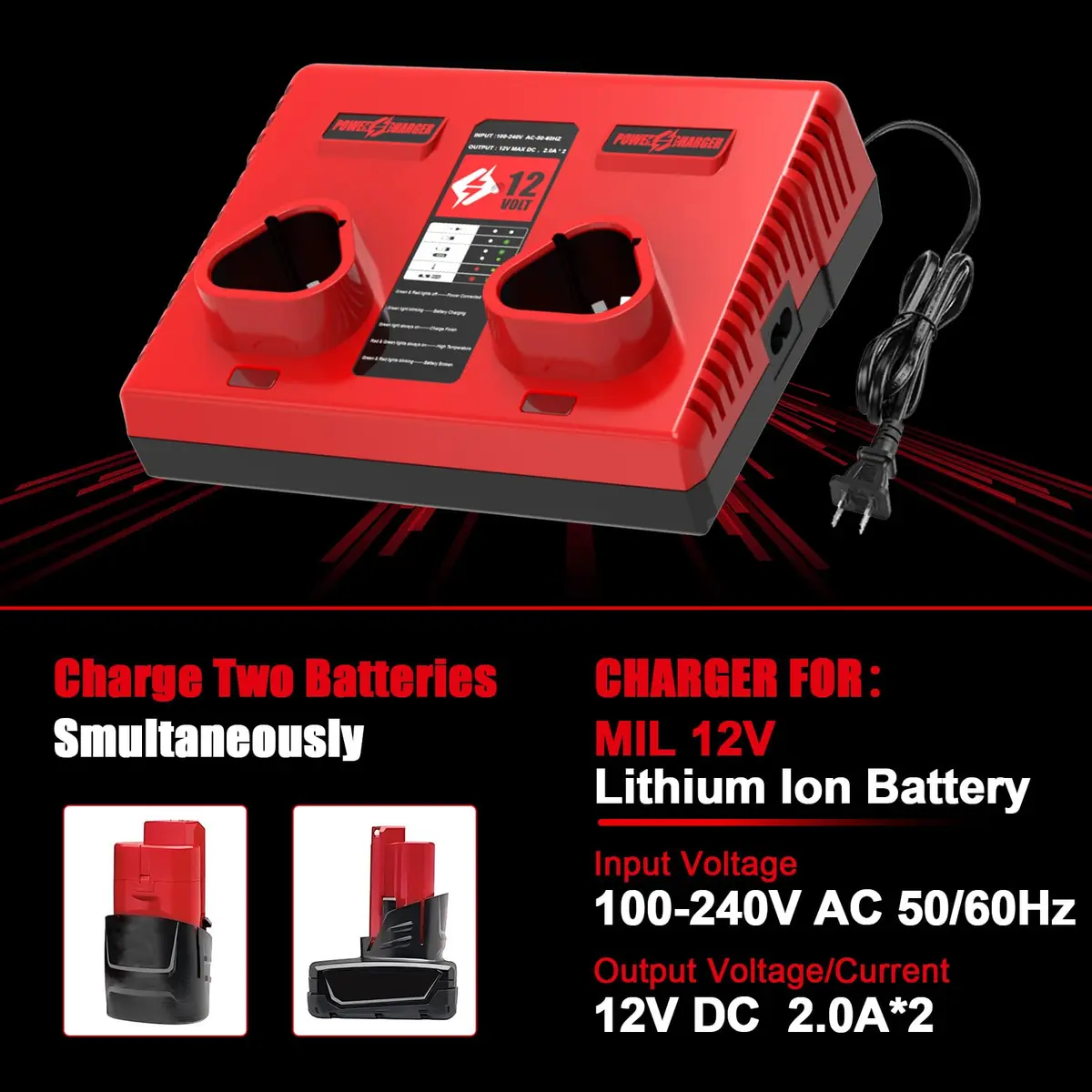Ahomtikk Dual Port 12V Battery Charger 2A Output | Charges Two Mil-Waukee Batteries Simultaneously - view 2