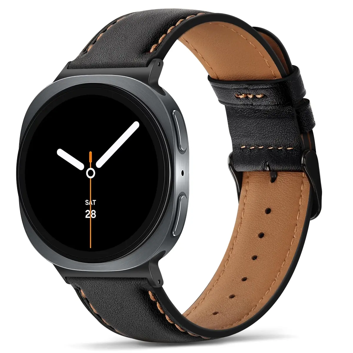 Tasikar Leather Watch Band Compatible with Samsung Galaxy Watch 9 8 40mm 44mm/8 Classic 46mm, Black | Genuine Leather Strap with Polished Black Stainless Steel Clasp - main product image