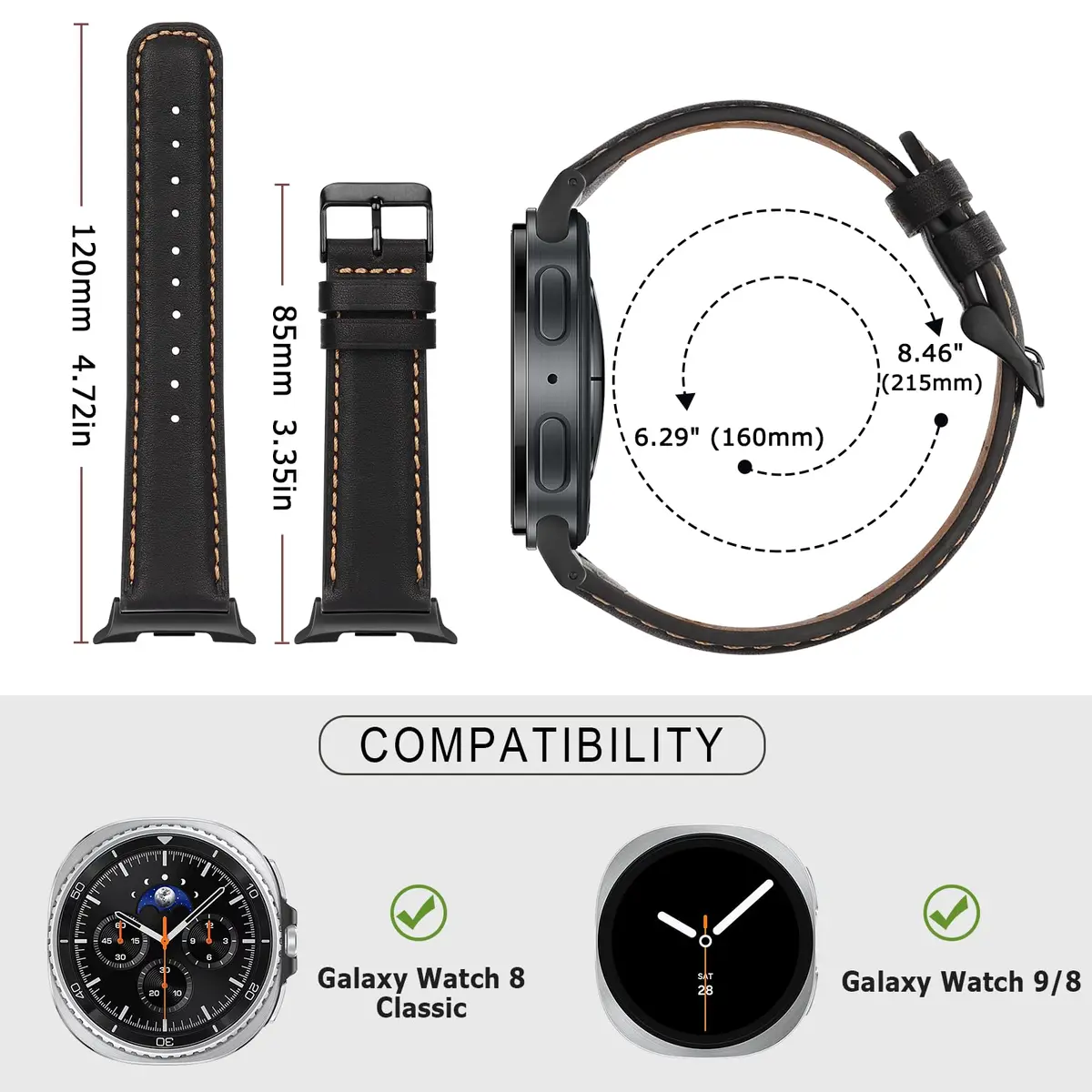 Tasikar Leather Watch Band Compatible with Samsung Galaxy Watch 9 8 40mm 44mm/8 Classic 46mm, Black | Genuine Leather Strap with Polished Black Stainless Steel Clasp - view 5