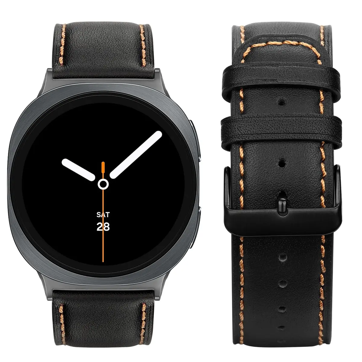 Tasikar Leather Watch Band Compatible with Samsung Galaxy Watch 9 8 40mm 44mm/8 Classic 46mm, Black | Genuine Leather Strap with Polished Black Stainless Steel Clasp - view 3