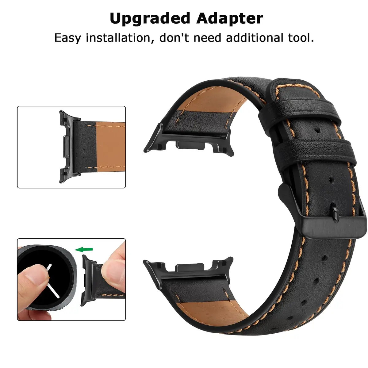 Tasikar Leather Watch Band Compatible with Samsung Galaxy Watch 9 8 40mm 44mm/8 Classic 46mm, Black | Genuine Leather Strap with Polished Black Stainless Steel Clasp - view 4