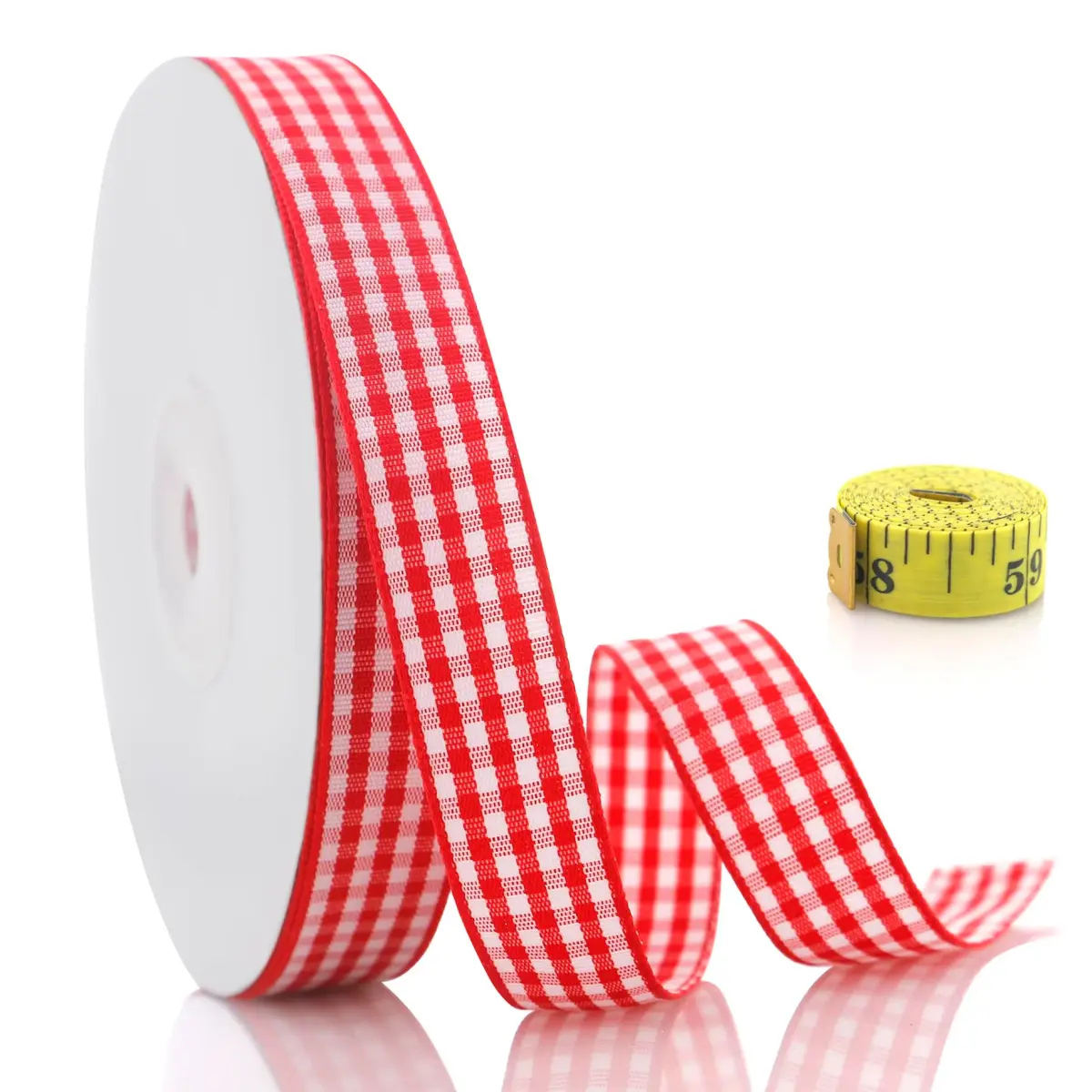 QingHan Red and White Gingham Ribbon 1.59 cm (5/8 Inch) 22.86 m (25 Yards) | Classic Pattern for Crafts & Gift Wrapping - main product image