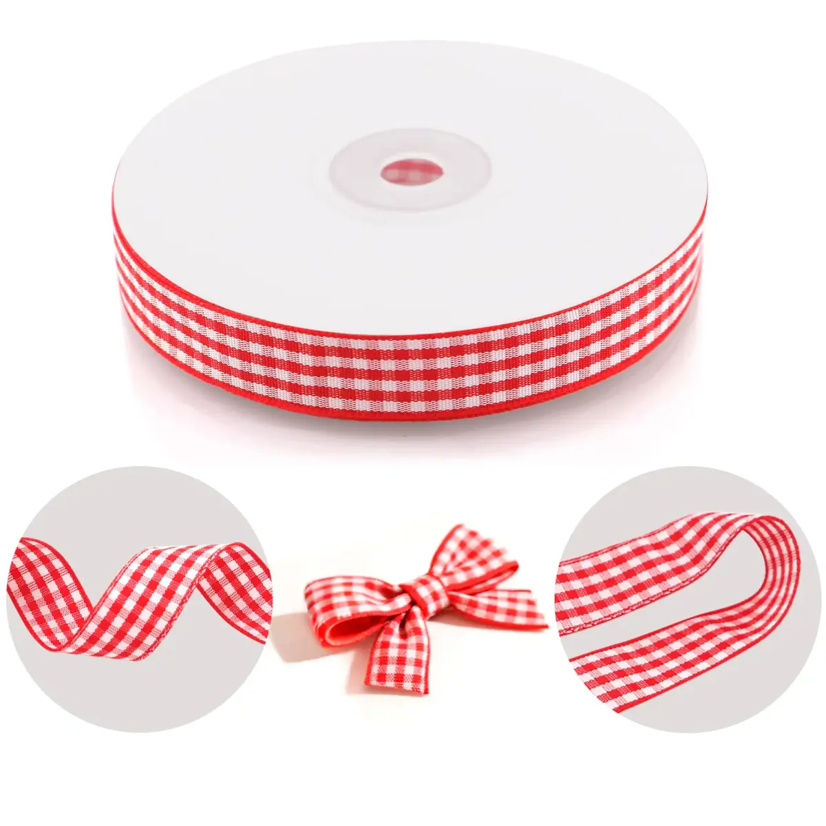 QingHan Red and White Gingham Ribbon 1.59 cm (5/8 Inch) 22.86 m (25 Yards) | Classic Pattern for Crafts & Gift Wrapping - view 3
