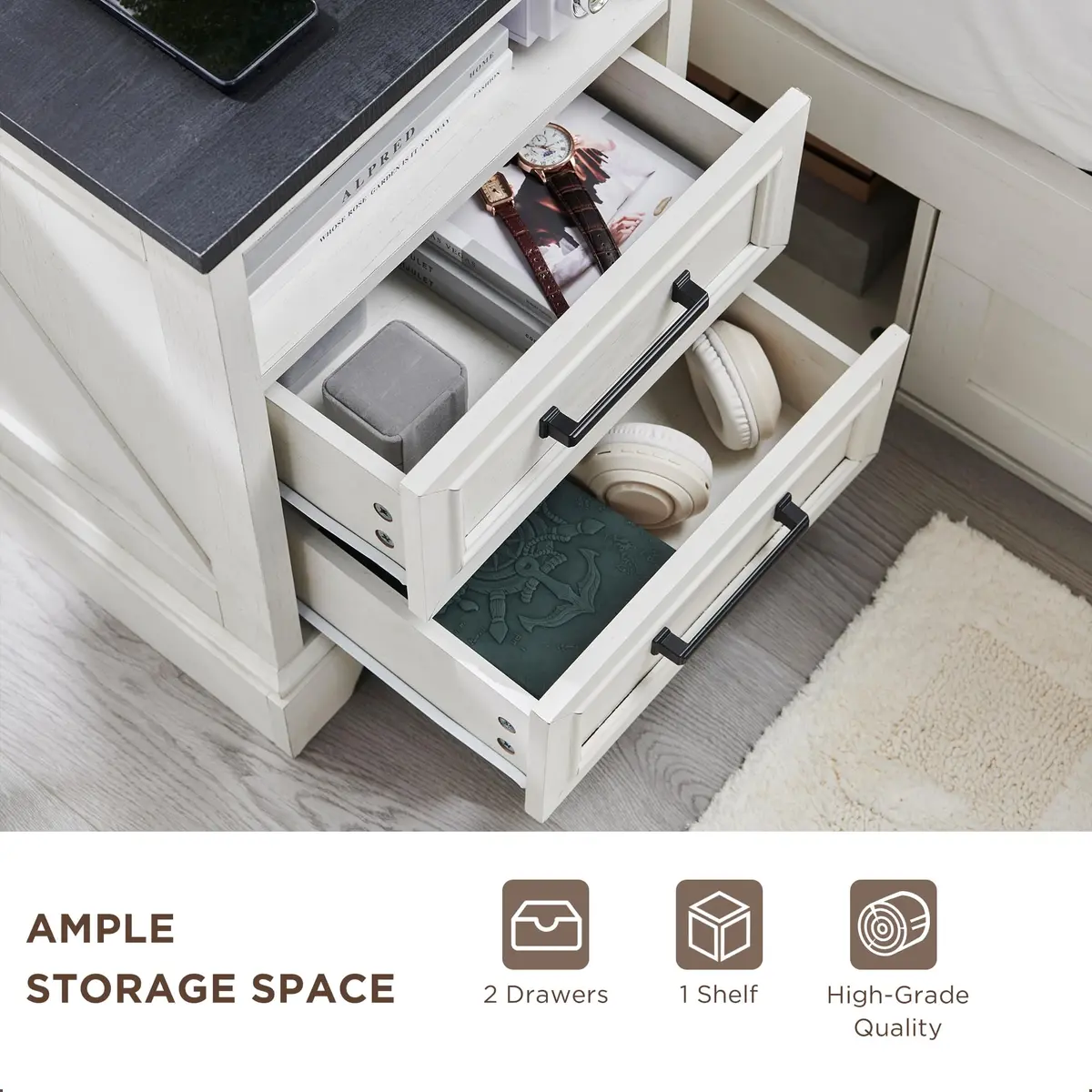 ACCOHOHO 18" Farmhouse Nightstand Set of 2 | Antique White with Charging Station, 18"L x 18"D x 24"H - view 5