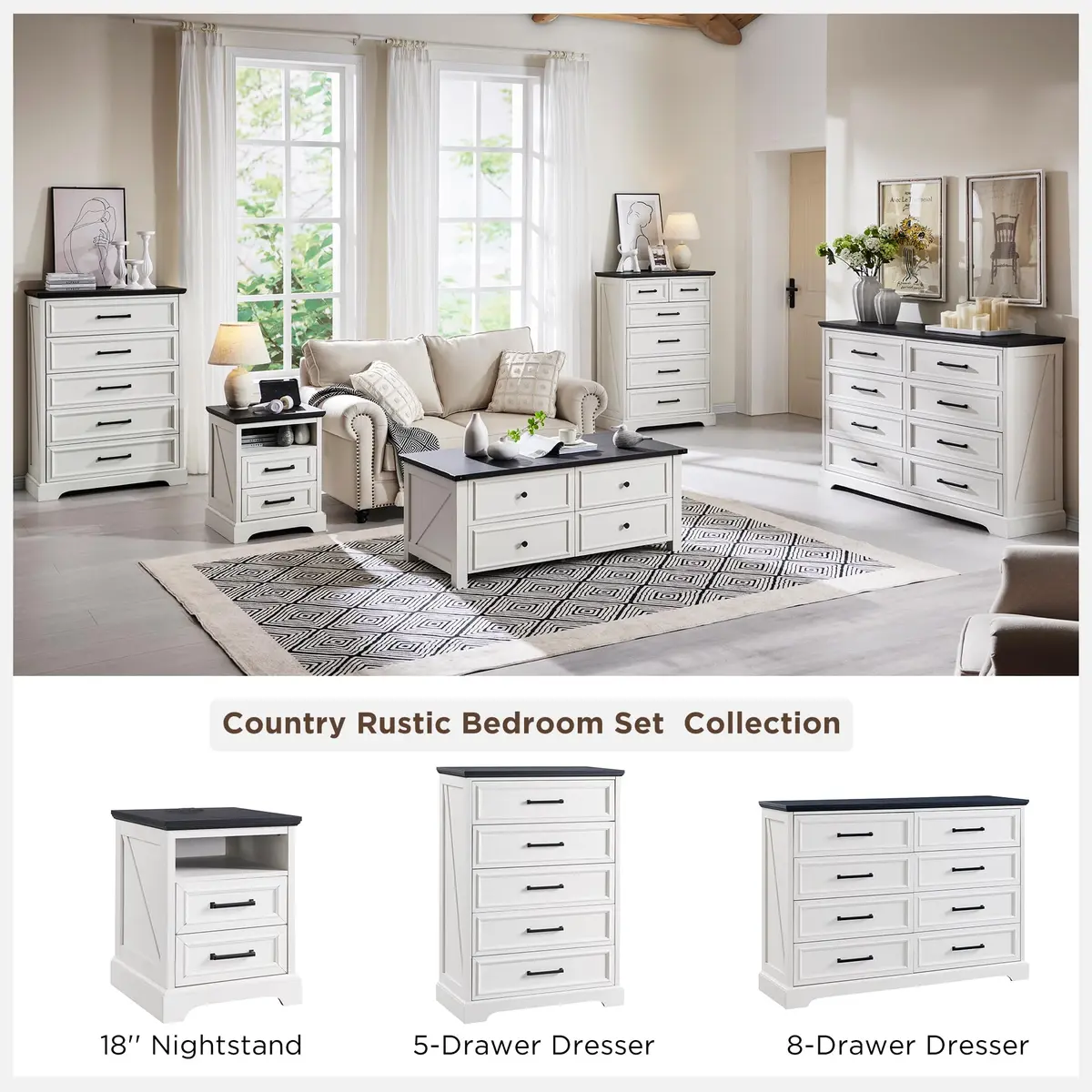 ACCOHOHO 18" Farmhouse Nightstand Set of 2 | Antique White with Charging Station, 18"L x 18"D x 24"H - view 9