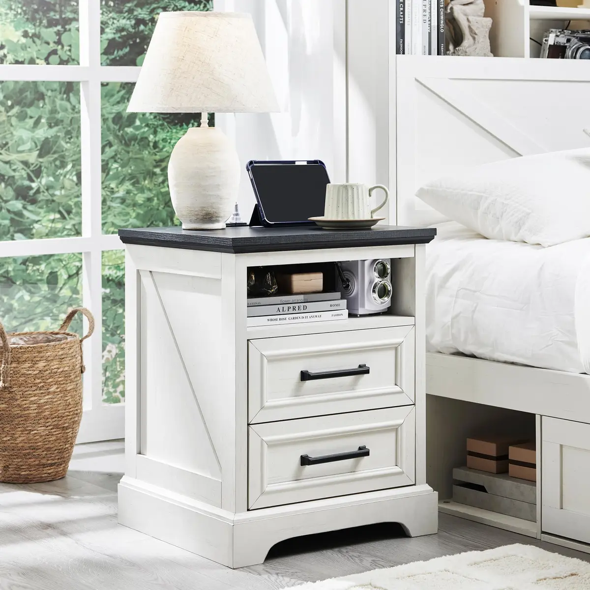 ACCOHOHO 18" Farmhouse Nightstand Set of 2 | Antique White with Charging Station, 18"L x 18"D x 24"H - view 2