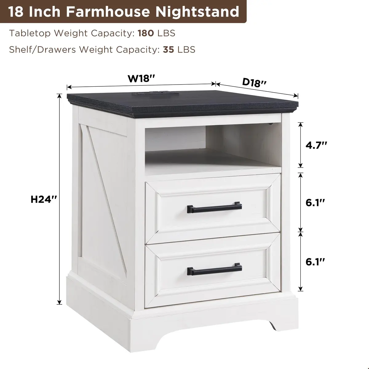 ACCOHOHO 18" Farmhouse Nightstand Set of 2 | Antique White with Charging Station, 18"L x 18"D x 24"H - view 3