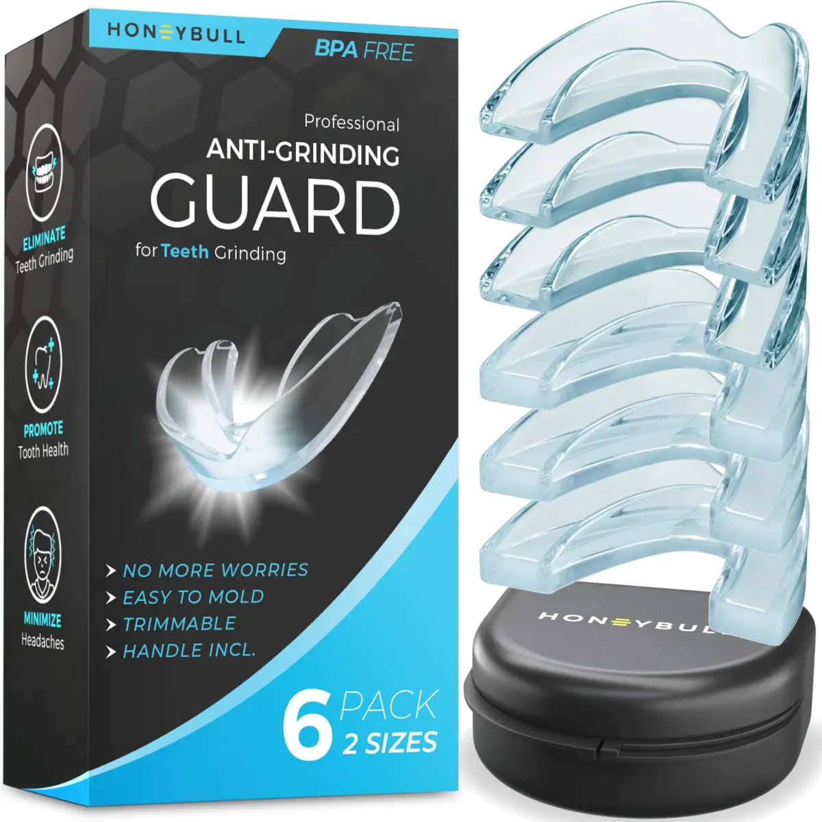HONEYBULL Custom Moldable Night Guards 6 Pack (Thin & Thick) | Boil and Bite for Teeth Grinding - main product image