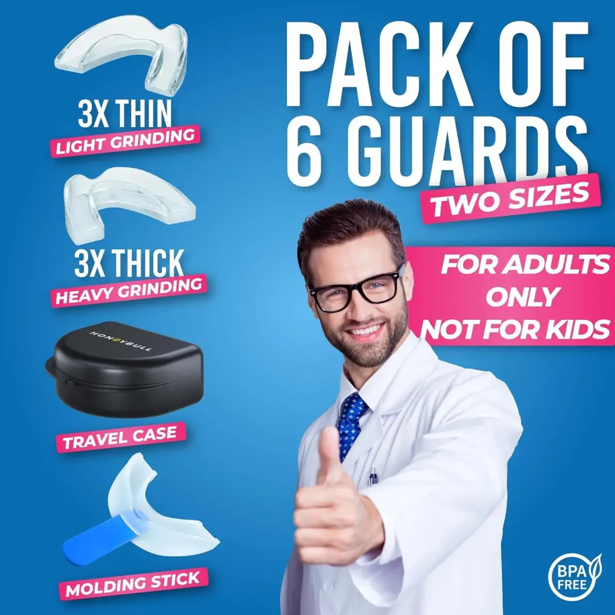 HONEYBULL Custom Moldable Night Guards 6 Pack (Thin & Thick) | Boil and Bite for Teeth Grinding - view 5