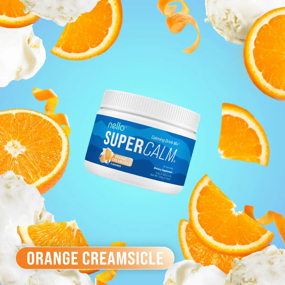 Nello Supercalm Powdered Drink Mix Tub, Cortisol Reducer & Sleep Aid Supplement, L-Theanine, KSM-66 Ashwagandha, Magnesium Glycinate, Vitamin D3, 30 Servings, Orange Creamsicle - view 2