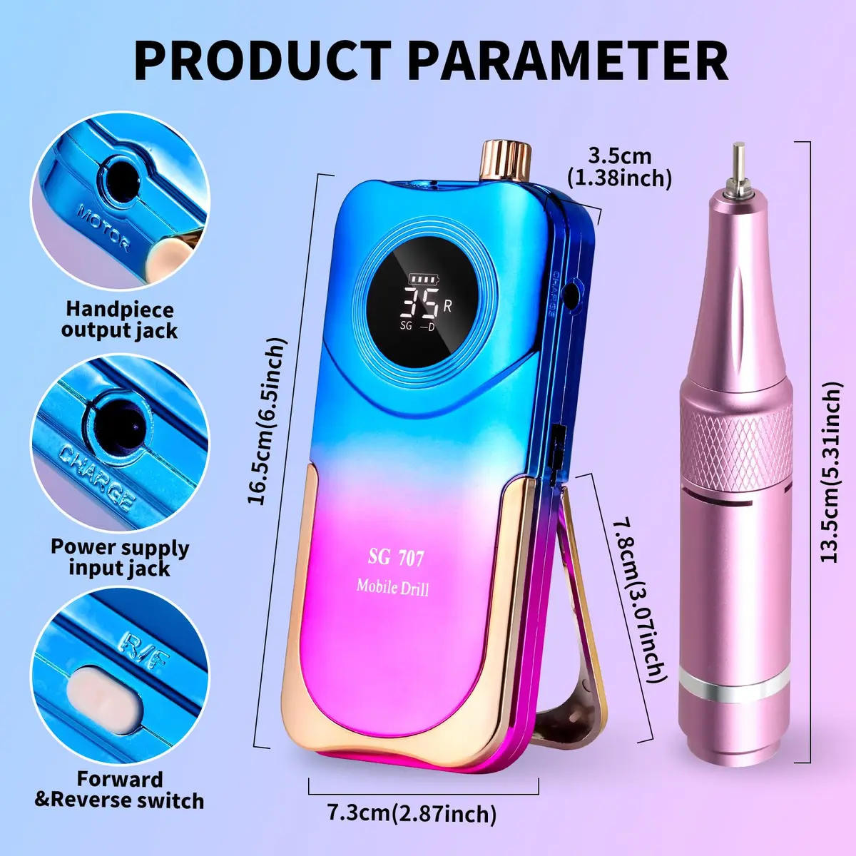 MOSKANY Professional Nail Drill Kit 35000RPM Gradient Purple Blue | 12V (12V) Cordless Rechargeable Electric Nail File with LCD Display & 14 Bits - view 5