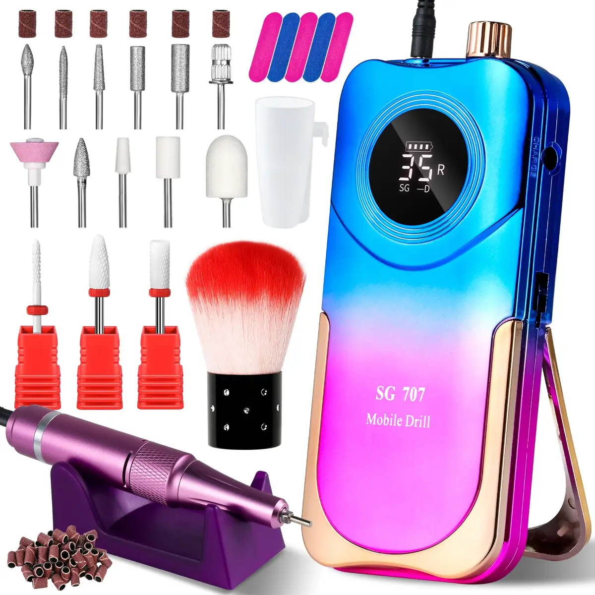 MOSKANY Professional Nail Drill Kit 35000RPM Gradient Purple Blue | 12V (12V) Cordless Rechargeable Electric Nail File with LCD Display & 14 Bits - main product image