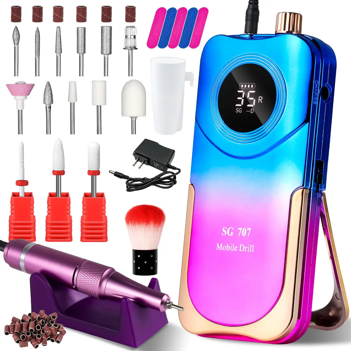 MOSKANY Professional Nail Drill Kit 35000RPM Gradient Purple Blue | 12V (12V) Cordless Rechargeable Electric Nail File with LCD Display & 14 Bits - view 8