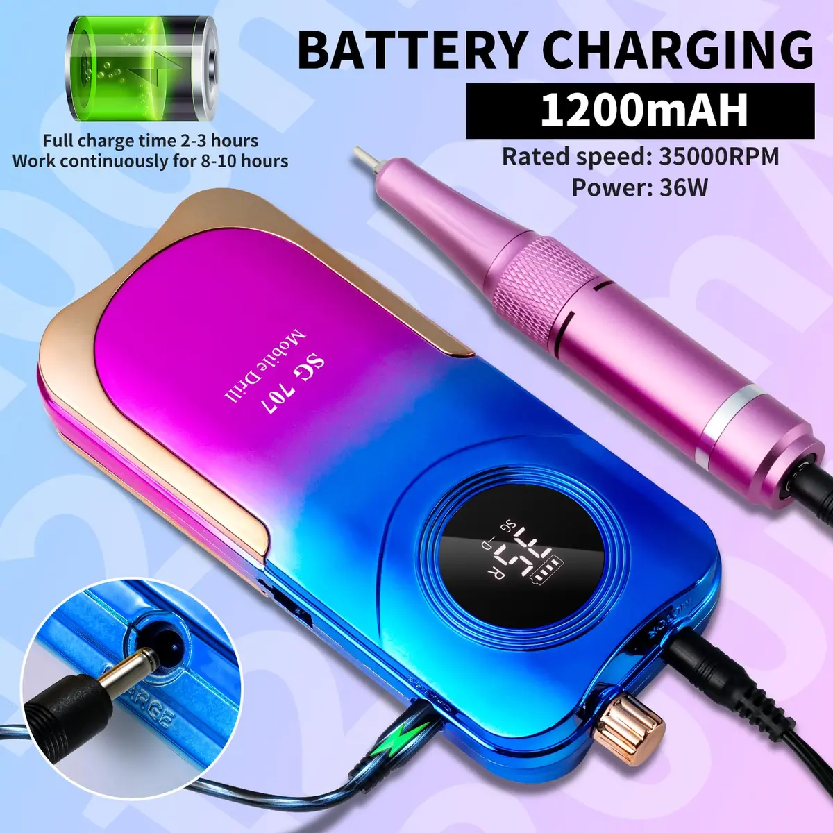 MOSKANY Professional Nail Drill Kit 35000RPM Gradient Purple Blue | 12V (12V) Cordless Rechargeable Electric Nail File with LCD Display & 14 Bits - view 3