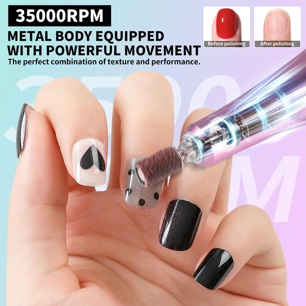 MOSKANY Professional Nail Drill Kit 35000RPM Cordless Rechargeable with LCD Display & 14 Bits | Gradient Purple Green - view 4