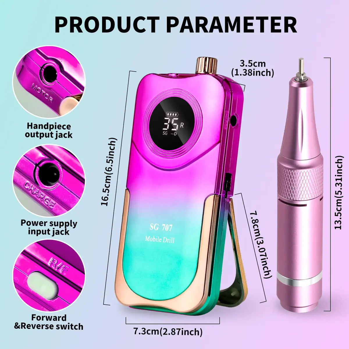 MOSKANY Professional Nail Drill Kit 35000RPM Cordless Rechargeable with LCD Display & 14 Bits | Gradient Purple Green - view 5