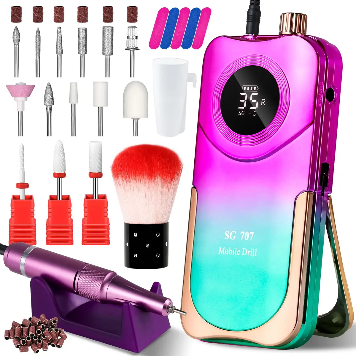MOSKANY Professional Nail Drill Kit 35000RPM Cordless Rechargeable with LCD Display & 14 Bits | Gradient Purple Green - main product image