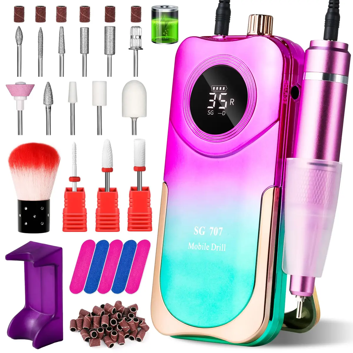 MOSKANY Professional Nail Drill Kit 35000RPM Cordless Rechargeable with LCD Display & 14 Bits | Gradient Purple Green - view 8