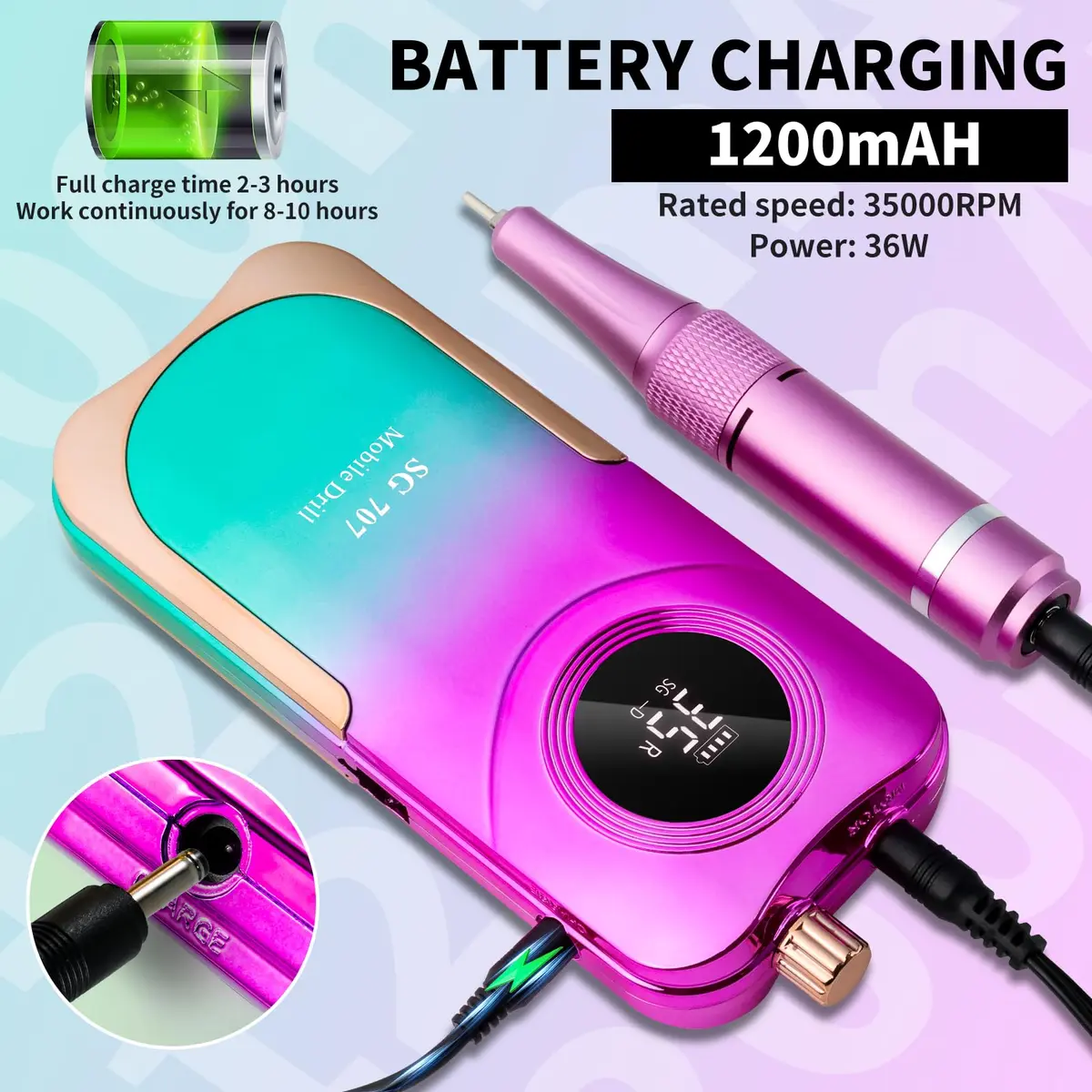 MOSKANY Professional Nail Drill Kit 35000RPM Cordless Rechargeable with LCD Display & 14 Bits | Gradient Purple Green - view 3