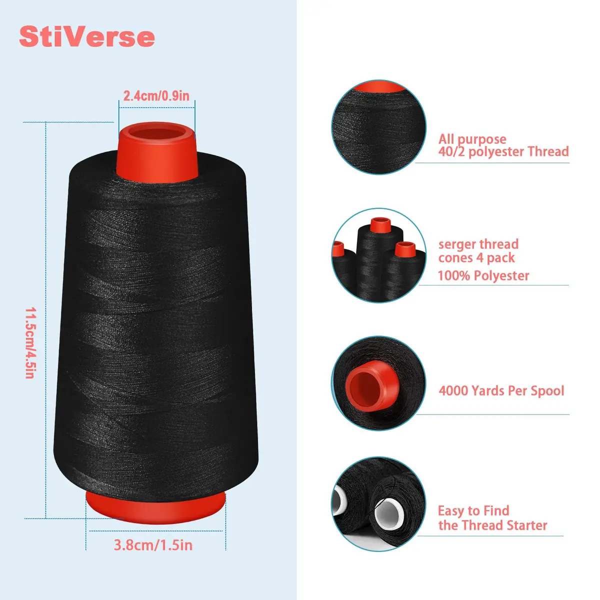 AOFITOA Black Sewing Thread 4 Pack | 40S/2, 24000Y, Durable Polyester for Serger & Machine - view 2