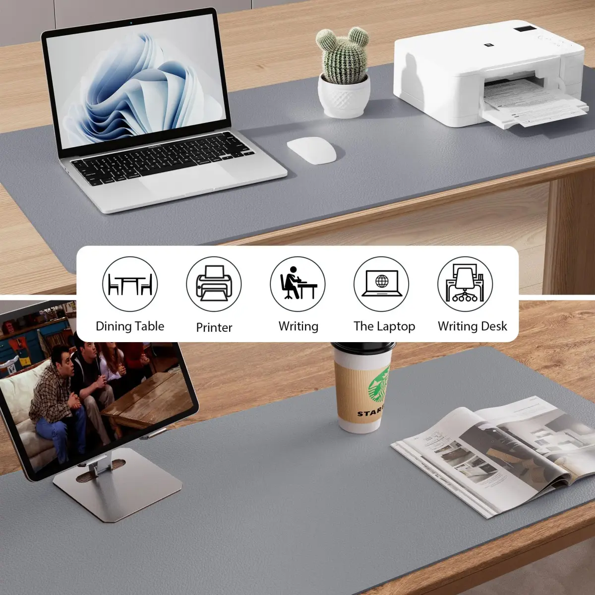 Aothia Faux Leather Desk Mat Large Mouse Pad 47.2" x 23.6" Light Grey | Protects Your Desk with Modern Professional Style - view 8
